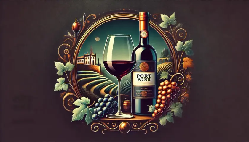 Ein Glas und eine Flasche Portwein, umrahmt von Weinreben und einer Landschaft mit Weinbergen. Der volle **portwein geschmack** verspricht Genuss.