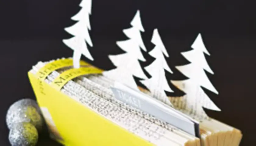 Kreative **Tickets verpacken Ideen**: Ein aufgeschlagenes Buch mit weißen Tannenbäumen und einem Ticket-Einschub, daneben glitzernde Kugeln.