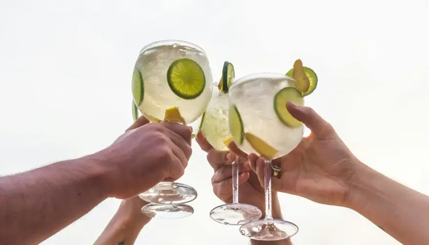 Drei Hände stoßen mit erfrischenden, herben Cocktails an, garniert mit Limettenscheiben und Zitronenspalten.