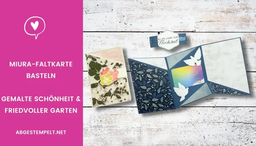 Faltkarten basteln: Eine Miura-Faltkarte mit Blumen und eine weitere mit Tauben und Geschenkkarte für die Hochzeit.