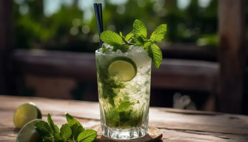 Erfrischender Mojito mit braunem Rum, Minze und Limette auf Holztisch.
