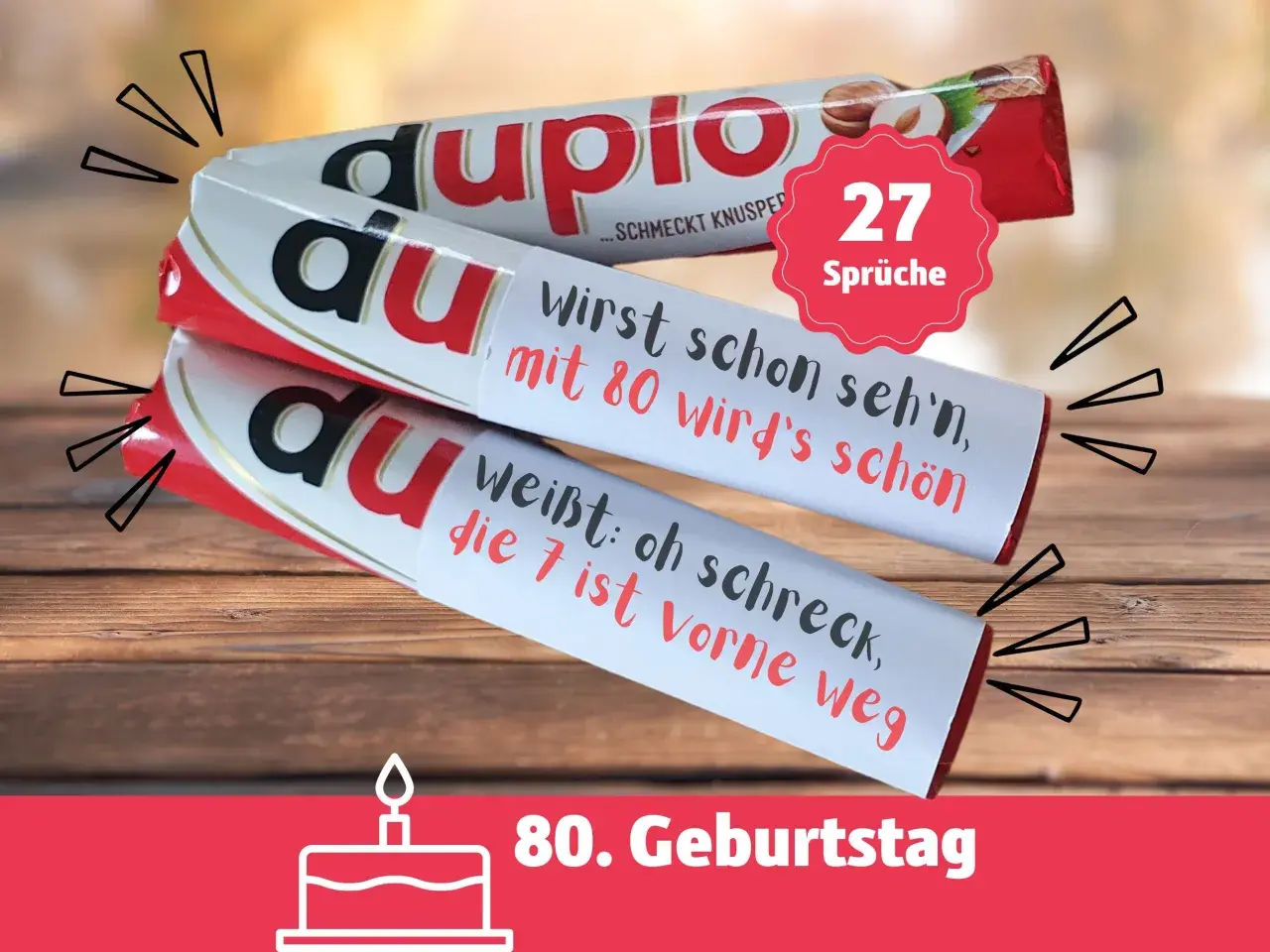 Schokoladenriegel mit lustigen Sprüchen als 80. Geburtstag Geschenk. "Wirst schon seh'n, mit 80 wird's schön!