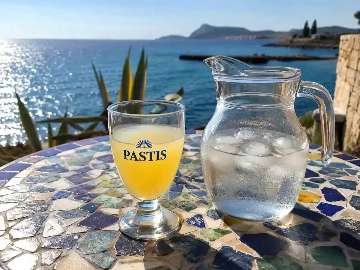 Ein Glas Pastis und ein Krug Eiswasser stehen auf einem bunten Mosaiktisch am Meer. So trinkt man Pastis.