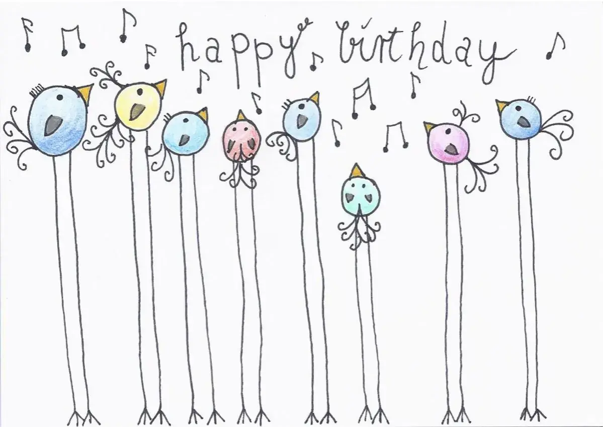 Bunte Vögel singen "Happy Birthday". Ein süßes **Motiv für eine Geburtstagskarte zum Zeichnen**.