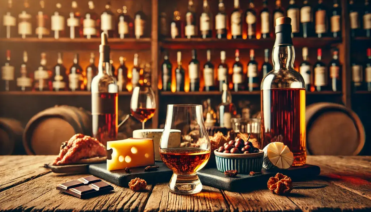 Ein Glas Whisky mit Käse, Schokolade und Nüssen. Perfekt, um zu erfahren, was isst man zu Whisky.