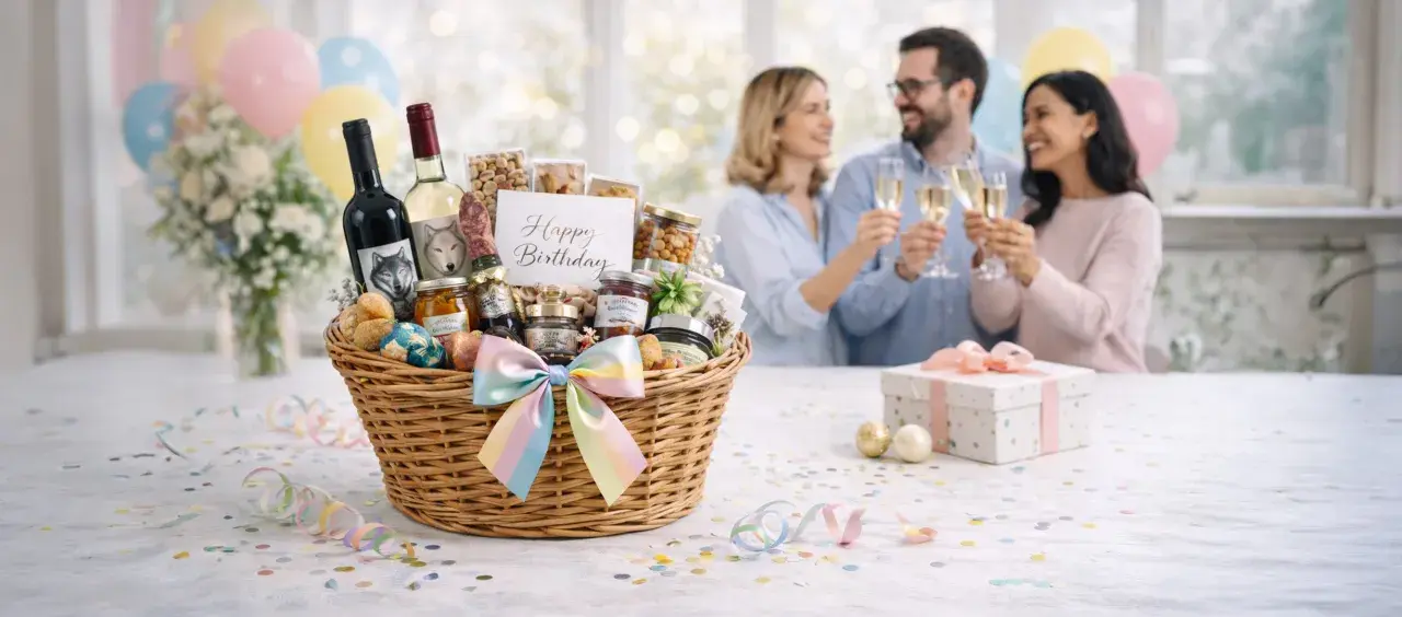 Ein liebevoll dekorierter Geschenkkorb mit Wein, Marmeladen und Nüssen steht bereit für eine Geburtstagsfeier. Im Hintergrund stoßen drei Freunde an.
