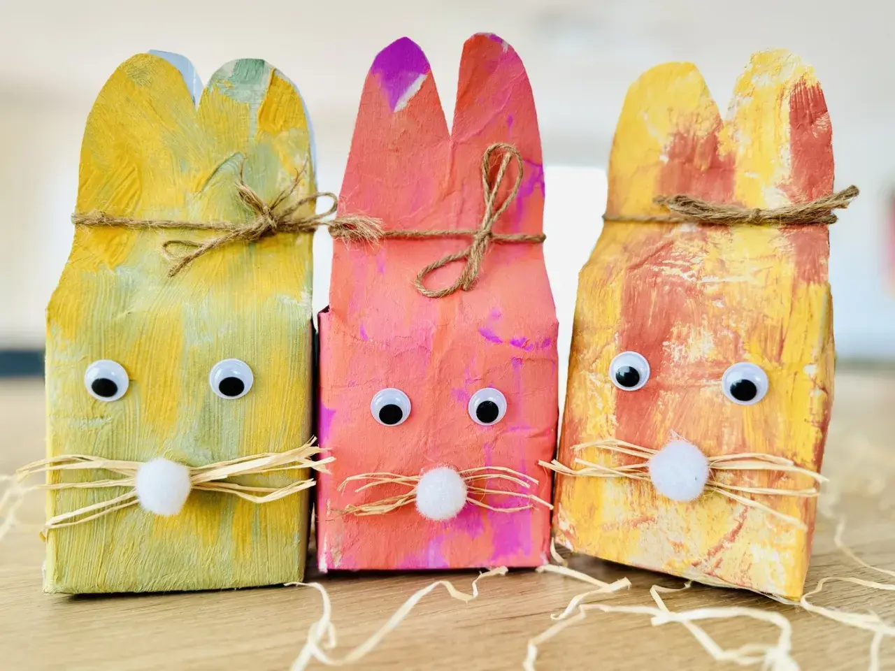 Drei bunte Osterhasen aus recycelten Materialien, perfekt für Ostergeschenke selber machen mit Kindern.