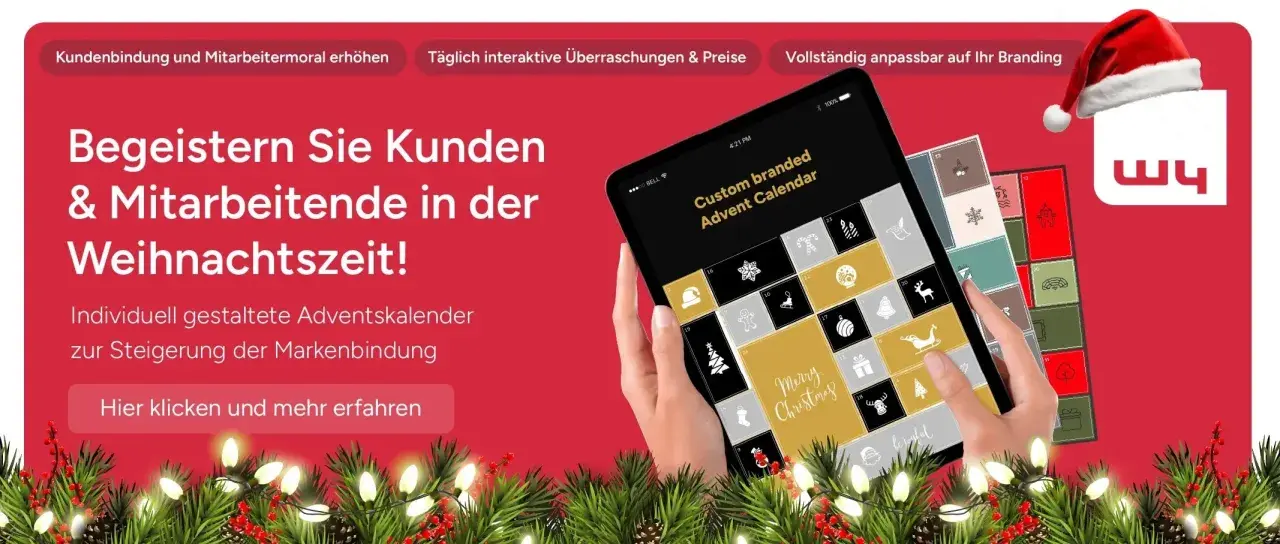 Individuelle online Adventskalender Ideen für Kundenbindung. Tablet zeigt einen personalisierten Adventskalender mit weihnachtlichen Symbolen.