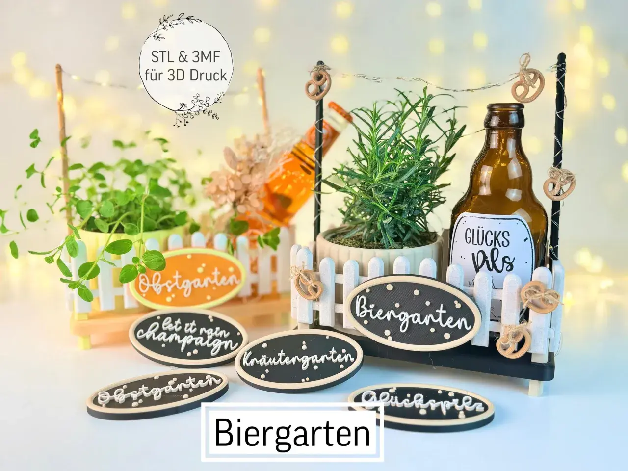 Dekorative Schilder für den Biergarten, perfekt zum Basteln für Geburtstage. Kleine Zäune mit Brezeln und Schildern wie "Biergarten" und "Kräutergarten".