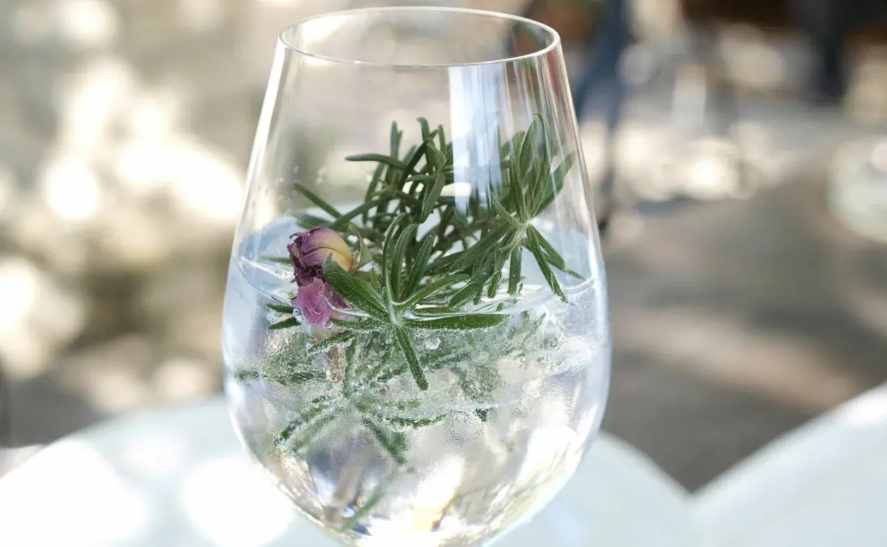 Erfrischender Gin Tonic mit Rosmarin und einer getrockneten Rose. Perfekt für den Tag des Gin Tonic.