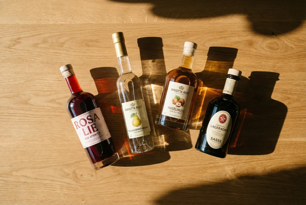 Vier Flaschen mit Spirituosen, darunter ein roter Aperitif, Birnenbrand und Haselnusslikör. Ein polnischer Schnaps könnte hier gut passen.