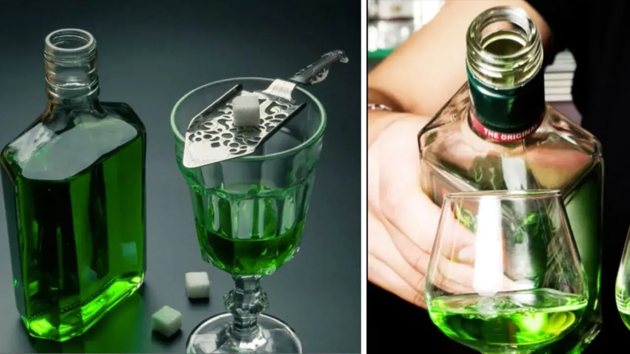 Grüner Absinth wird traditionell mit Zucker und Wasser serviert. So trinkt man Absinth: Ein Zuckerwürfel auf einem Löffel über dem Glas, Tropfen für Tropfen Wasser.