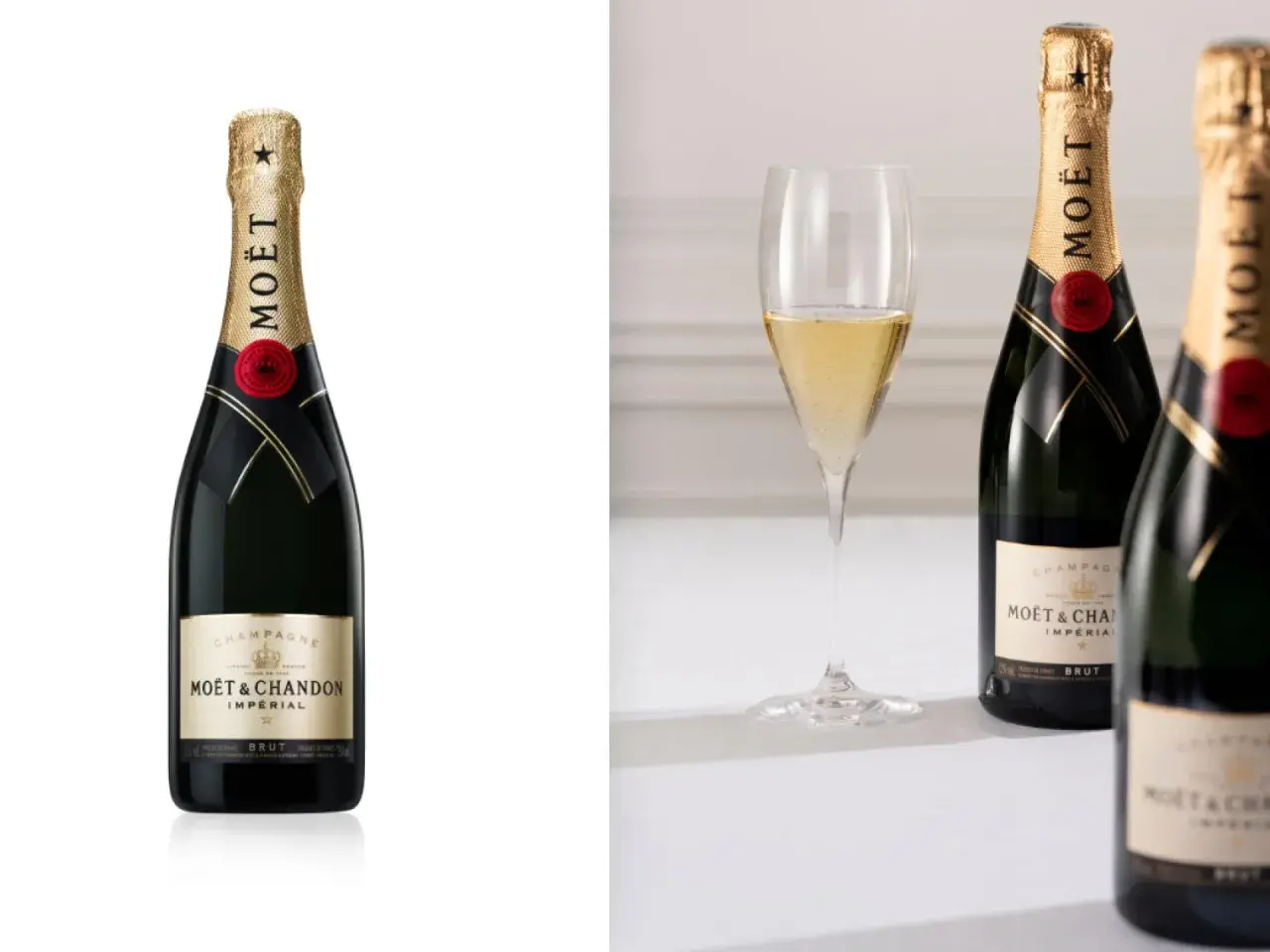 Zwei Flaschen Moët & Chandon Champagner, der beste Champagner der Welt, neben einem Glas prickelnden Champagners.