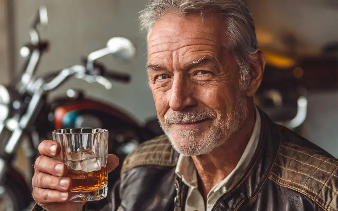 Ein Mann mit grauem Haar und Bart hält ein Glas Bourbon. Im Hintergrund ist ein Motorrad zu sehen.
