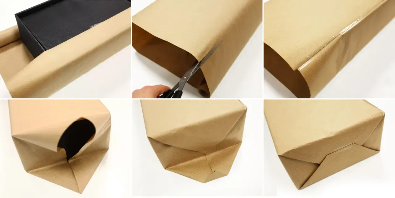 Schritt-für-Schritt-Anleitung, wie man mehrere Geschenke zusammen verpacken kann. Braunes Geschenkpapier wird zugeschnitten und um eine schwarze Schachtel gewickelt.