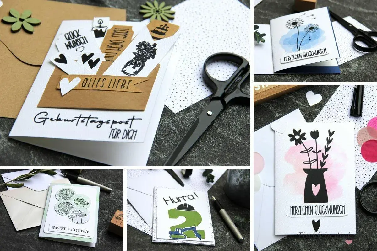 Kreative Ideen, um besondere Karten selber basteln. Verschiedene Designs mit Stempeln, Aquarell und süßen Botschaften.