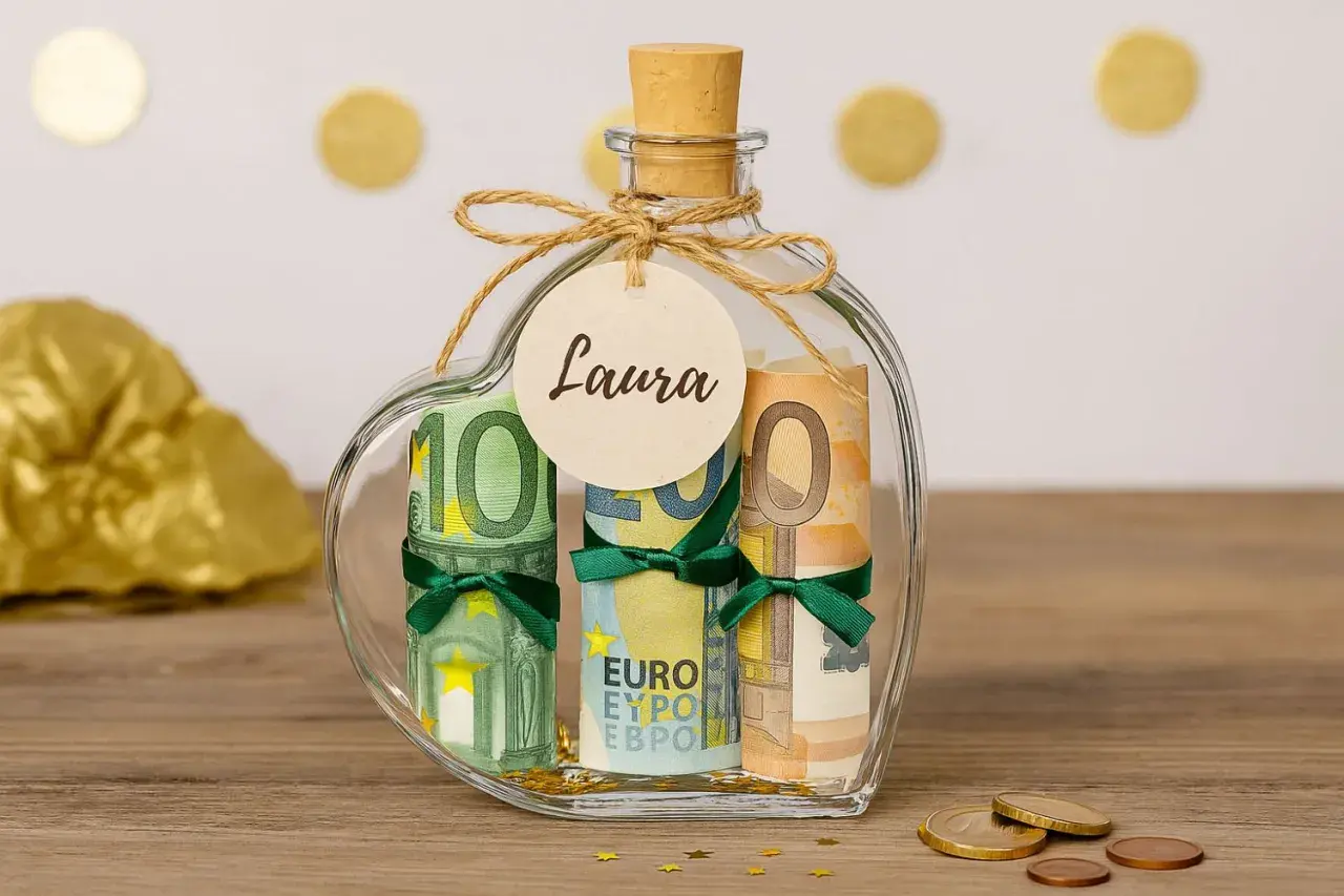 Herzförmige Glasflasche, gefüllt mit gerollten Euro-Scheinen, als kreative Möglichkeit, Geldgeschenke zu verpacken. Ein Anhänger mit dem Namen "Laura" ist angebracht.