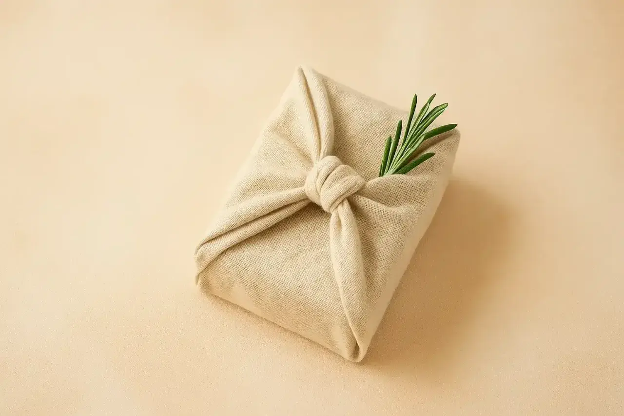 Ein Geschenk, in Stoff gewickelt und mit einem Rosmarinzweig verziert. Tolle geschenke verpacken ideen für einen natürlichen Look.