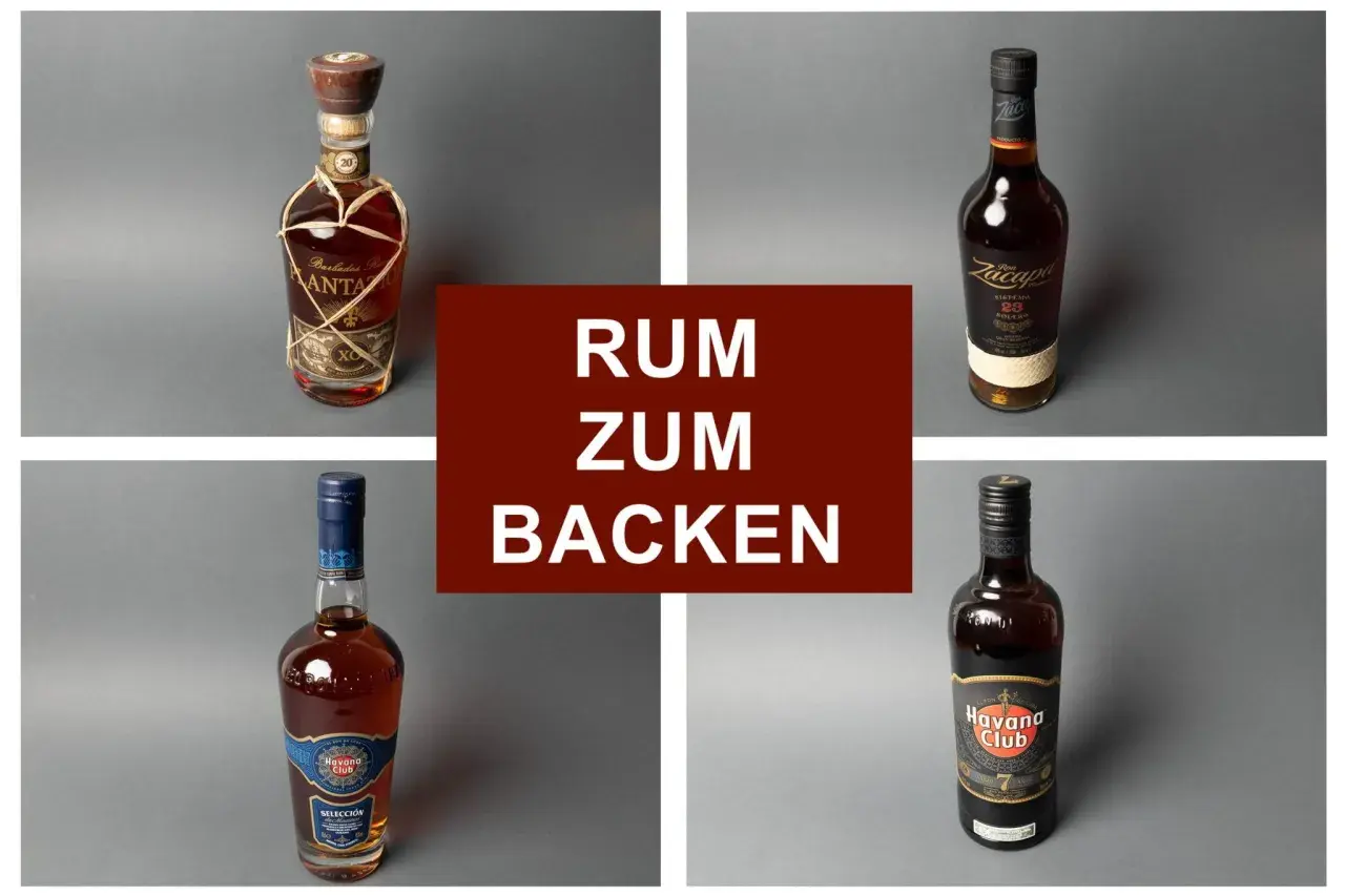 Vier Flaschen Rum, ideal zum Backen: Mount Gay XO, Zacapa 23, Havana Club Selección und Havana Club 7 Años.