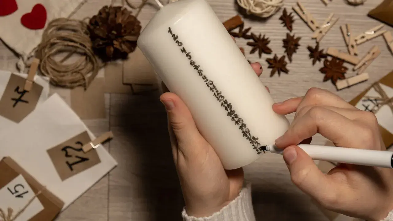 Hände beschriften eine Kerze mit Zahlen für einen Adventskalender. So lassen sich Adventskalender Geschenke selber machen.