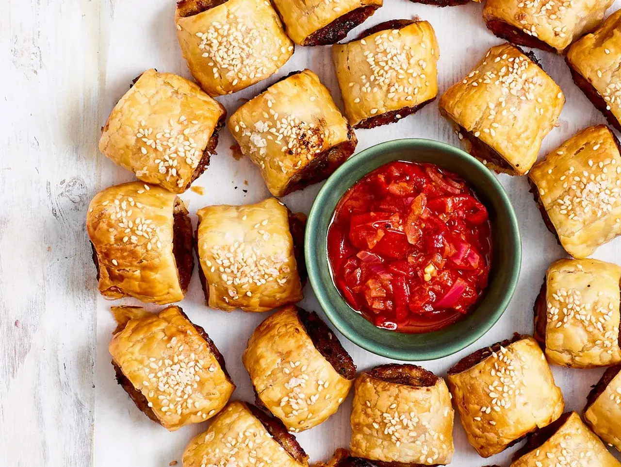 Goldbraune Würstchen im Blätterteig mit Sesam, daneben eine Schale mit roter Chutney-Sauce. Perfekt für schnelle Partysnacks zum Vorbereiten!
