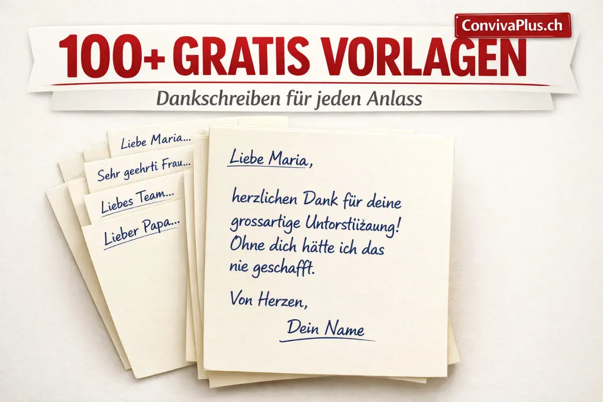 Karten mit Dankschreiben für jeden Anlass. Eine Karte zeigt "Liebe Maria, herzlichen Dank für deine grossartige Unterstützung! Ohne dich hätte ich das nie geschafft.