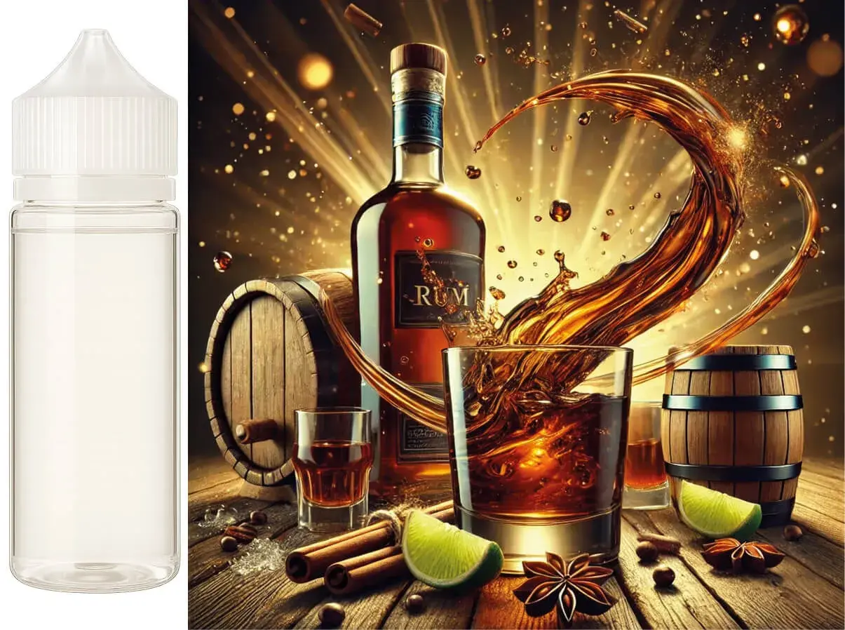 Ein Glas mit goldenem Rum, bereit zum Genießen. Daneben eine Flasche, Fässer und Gewürze.