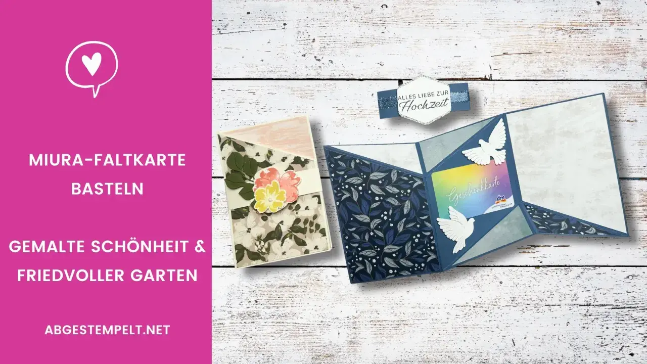 Faltkarten basteln: Eine Miura-Faltkarte mit Blumen und eine weitere mit Tauben und Geschenkkarte für die Hochzeit.