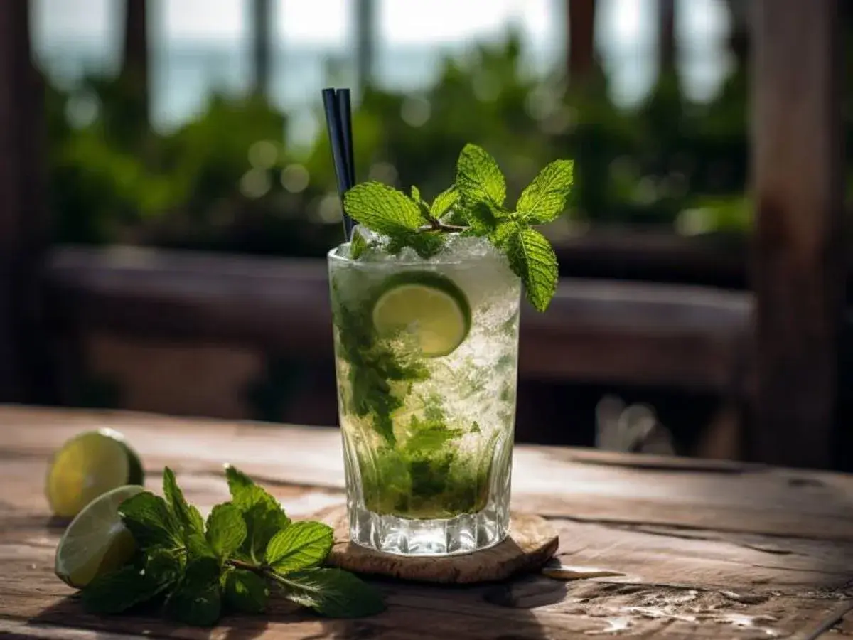 Erfrischender Mojito mit braunem Rum, Minze und Limette auf Holztisch.
