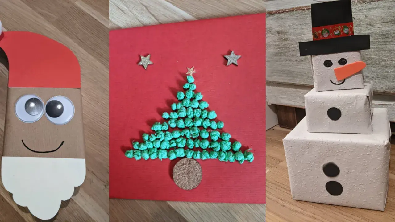 Kreative geschenke verpacken weihnachten ideen: Nikolaus, Weihnachtskarte mit Tannenbaum und Schneemann-Geschenk.