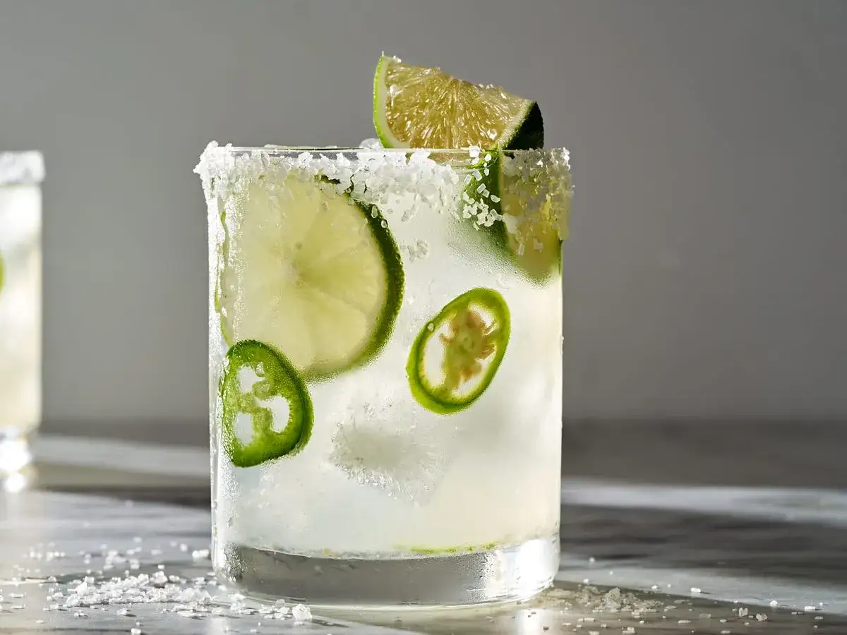 Ein erfrischender Cocktail mit Limettenscheiben und Jalapeños, perfekt, mit was man Tequila mischt.