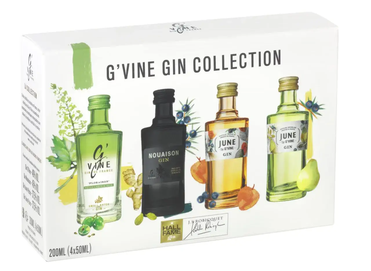 G'Vine Gin Collection mit vier Mini-Flaschen: Floraison, Nouaison, June Peach & June Apple. Ein Gin-Erlebnis aus Frankreich.