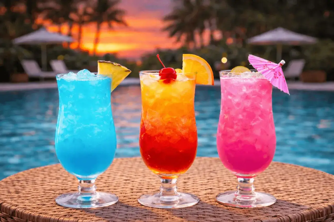 Drei bunte Cocktails, darunter ein blauer, ein orange-roter und ein pinker, stehen am Pool. Ein Malibu Cocktail w&auml;re hier perfekt.