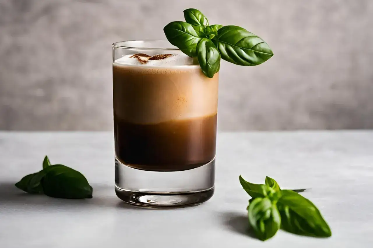 Ein cremiger Grappa-Cocktail mit Basilikum-Garnitur, der an einen italienischen Sommer erinnert.
