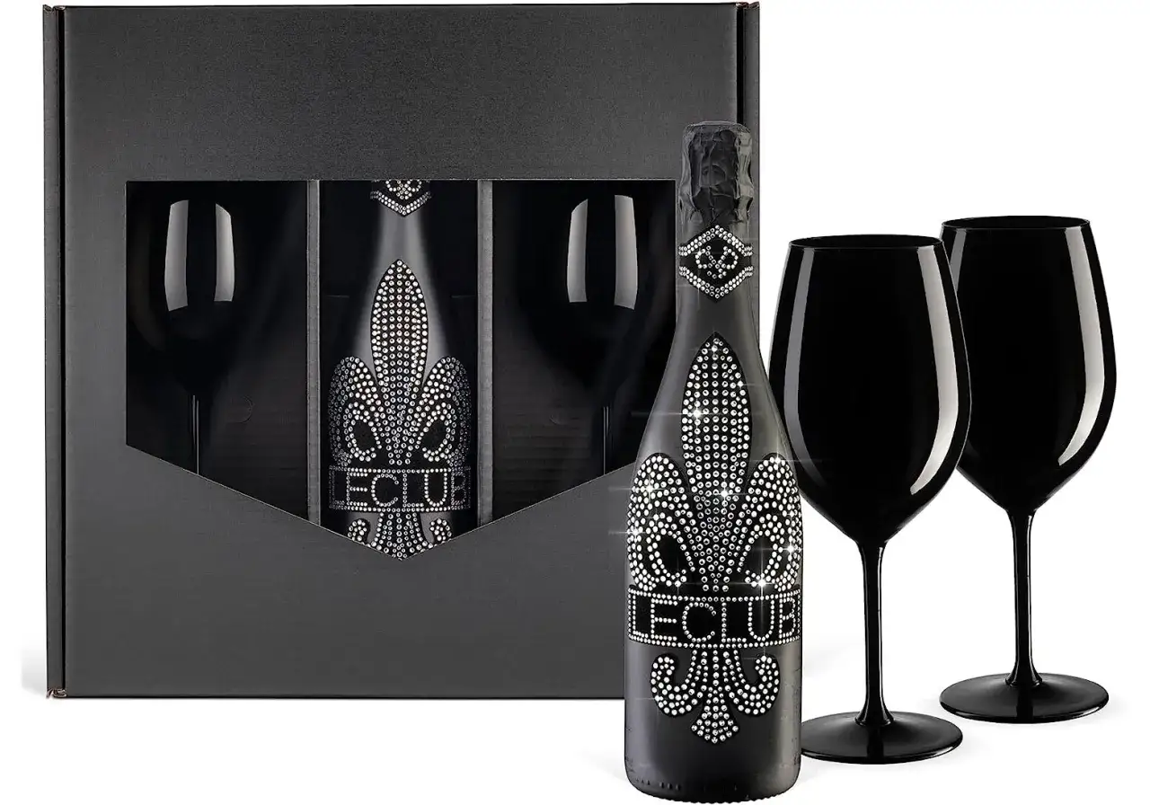 Elegantes Set mit schwarzer Sektflasche und Gl&auml;sern, verziert mit Strass. Perfekt als Sektgeschenke f&uuml;r besondere Anl&auml;sse.