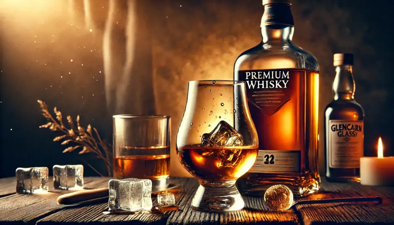 Ein Glas mit Eiswürfeln und bernsteinfarbenem Whisky, daneben eine Flasche