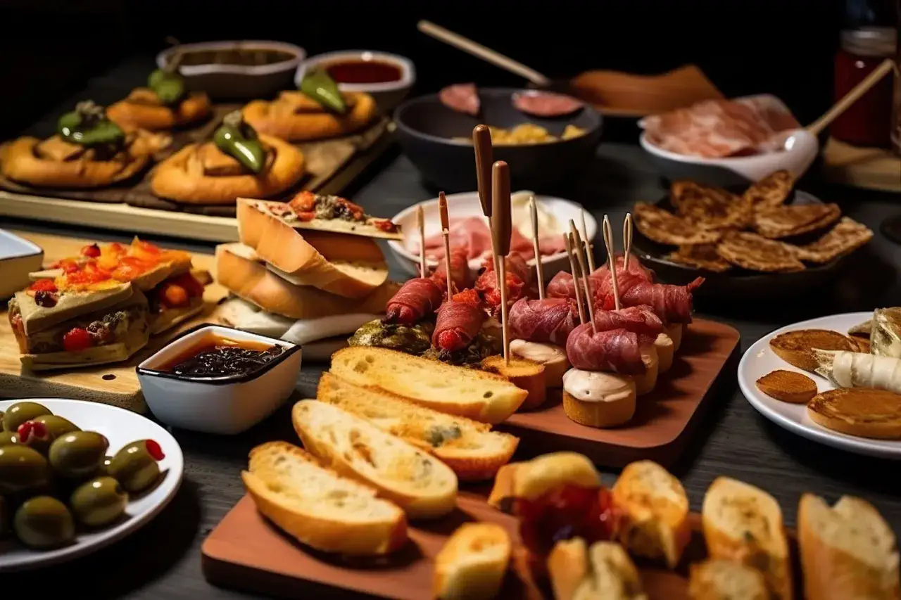 Leckereien für einen Tapas Geschenkkorb selber machen: Brot, Oliven, Aufschnitt und kleine Häppchen auf Spießen.