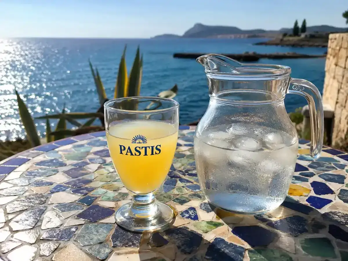 Ein Glas Pastis und ein Krug Eiswasser stehen auf einem bunten Tisch am Meer. So trinkt man Pastis erfrischend.