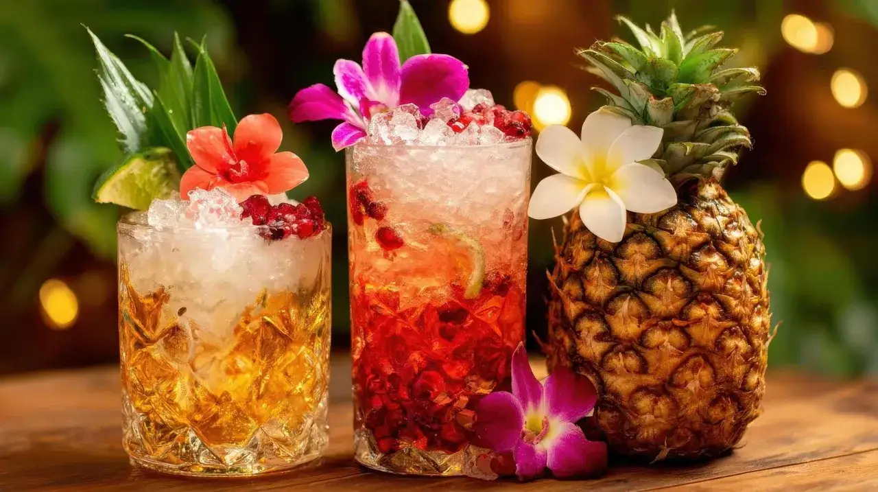 Zwei erfrischende Cocktails, einer mit lila Bl&uuml;ten garniert, neben einer Ananas.