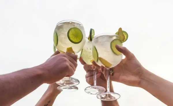Drei Hände stoßen mit erfrischenden, herben Cocktails an, garniert mit Limettenscheiben und Zitronenspalten.